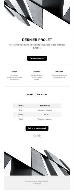 Email minimaliste de projet d'architecture