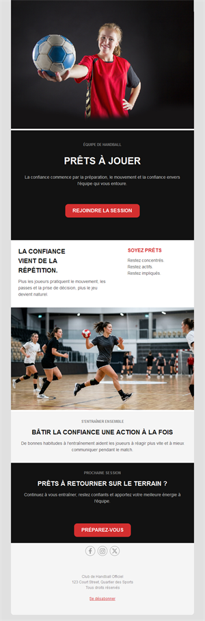 Email de séance d'entraînement de handball