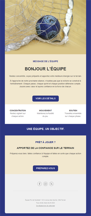 Email de message à l'équipe de handball