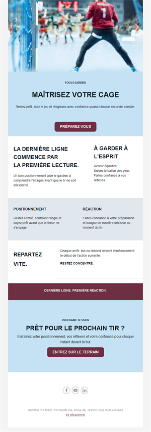 Email d'entraînement des gardiens de handball