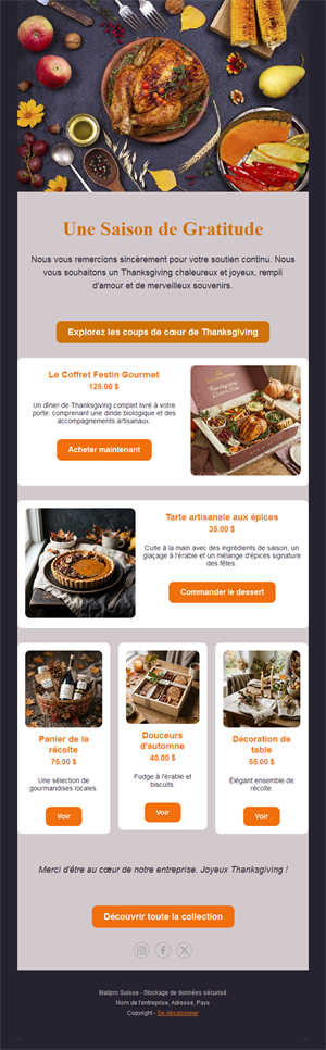 Email de produits gourmets de Thanksgiving