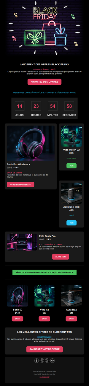 Email néon de bons plans high-tech Black Friday