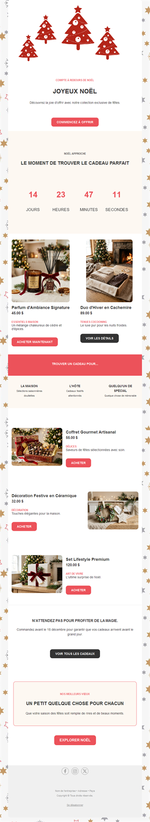 Email de Noël avec compte à rebours et cadeaux