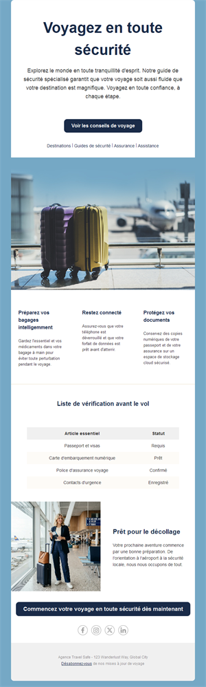 Email de conseils de sécurité en voyage