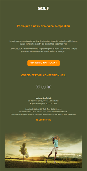 Email d'inscription à une compétition de golf