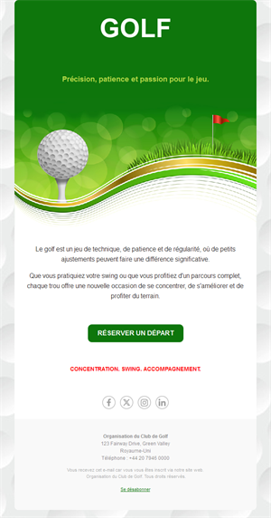 Email de réservation de départ au golf