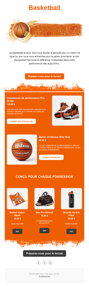 Email orange de vente de matériel de basket