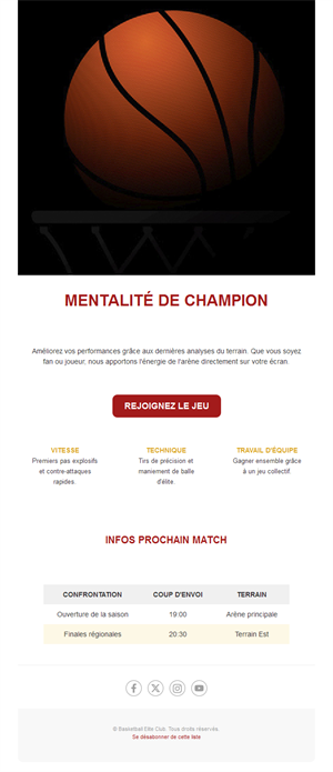 Email d'infos sur le prochain match de basket