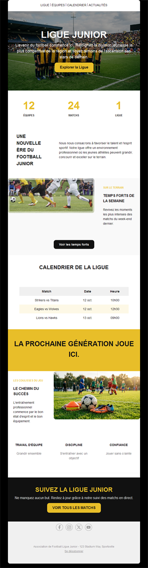 Email de championnat de football junior