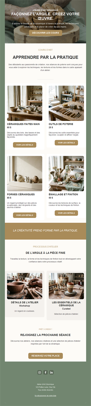 Email d'atelier poterie avec produits et cours