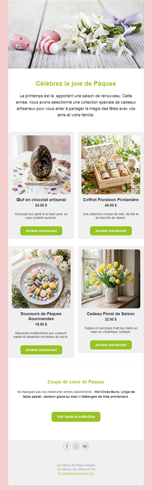 Email boutique de Pâques avec produits