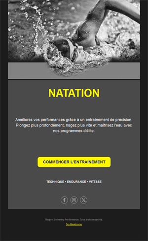 Email d'entraînement de natation sportive