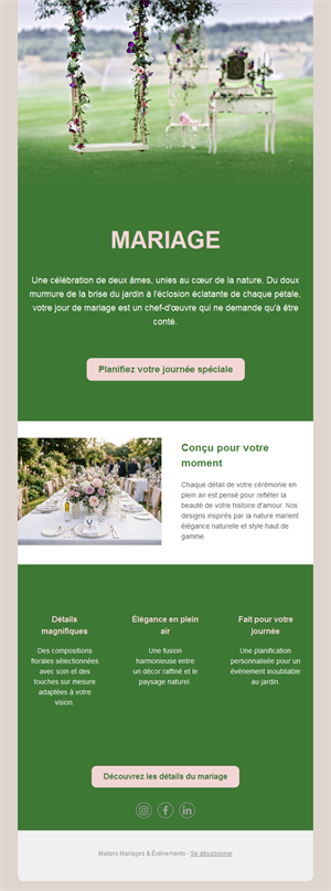 Email de mariage en plein air au jardin