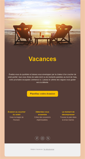 Email de vacances plage au coucher du soleil