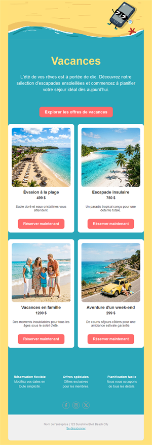 Email d'offres de vacances à la plage